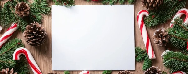 Festive flat lay with blank white paper surrounded by pinecones and candy canes holiday theme natural setting close-up