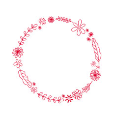 Vector illustration of hand drawn floral wreath. Ink drawing, round frame of graphic style, beautiful simple wedding design element isolated on a white background.