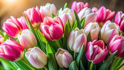 Fototapeta premium Pink & white tulips: a breathtaking bouquet portrait. Celebrate spring with this beautiful floral photography.
