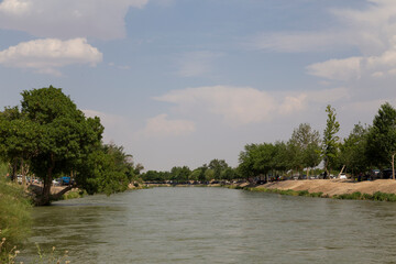 Landscape of Zayandehroud running through western heights of Iran in details as a background	.
