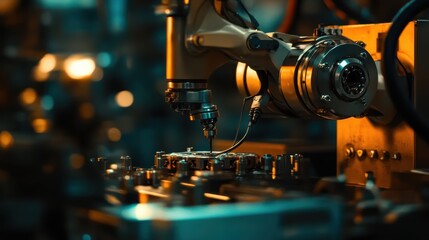 Fototapeta premium Robotic arm assembling components in a modern manufacturing facility during evening hours