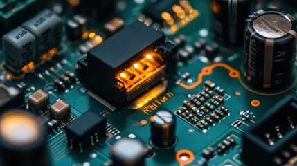 Fototapeta premium Close-up of illuminated circuit board with glowing components and intricate electronics
