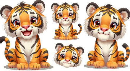 Cute Cartoon Tiger Illustration Set with Adorable Expressions and Poses for Kids? Design and Educational Materials