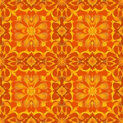 Fototapeta premium Orange and Gold Floral Pattern: A vibrant and intricate seamless pattern featuring a captivating blend of orange and gold hues. This design showcases a mesmerizing floral motif.