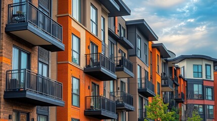Obraz premium Modern Apartment Complex with Balconies and Colorful Facades under a Cloudy Sky