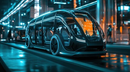 Fototapeta premium Futuristic tram waiting at a sleek city stop during a rainy evening with glowing lights and bustling pedestrians