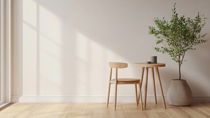 A Scandinavian-style indoor space with a small wooden table and chair, light wooden floors, and minimalist decor.