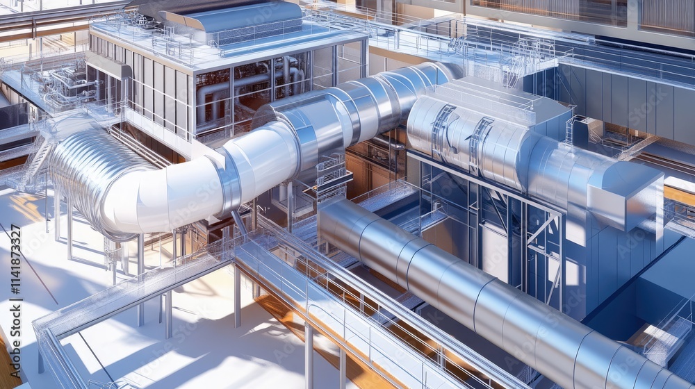 Poster a detailed 3d architectural blueprint for a ventilation system, emphasizing air flow design and mech