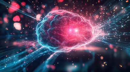 Neon brain illustration highlighting neural connections and human thought processes in a digital environment