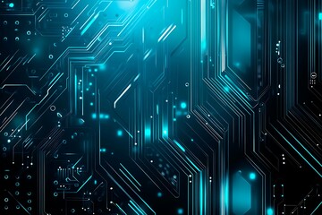 Abstract image of a glowing futuristic circuit board featuring neon blue lines, digital patterns, and intricate technology-inspired details.