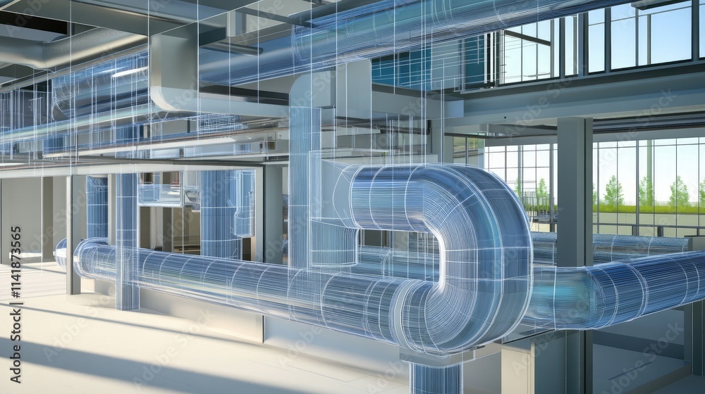Poster a detailed 3d architectural blueprint for a ventilation system, emphasizing air flow design and mech