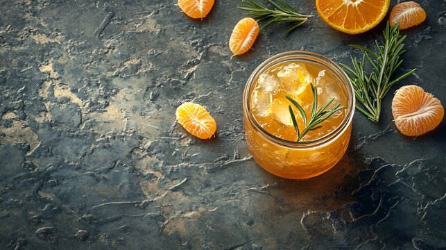A jar of orange marmalade placed on a textured stone surface, with sprigs of rosemary and orange segments scattered around
