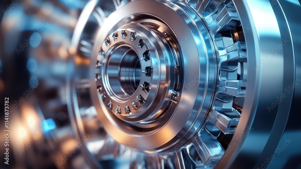 Poster A detailed close-up of a rotating flywheel, demonstrating the concept of rotational dynamics and energy storage in mechanical systems