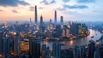 Panoramic twilight view of Shanghai skyline with skyscrapers and river.