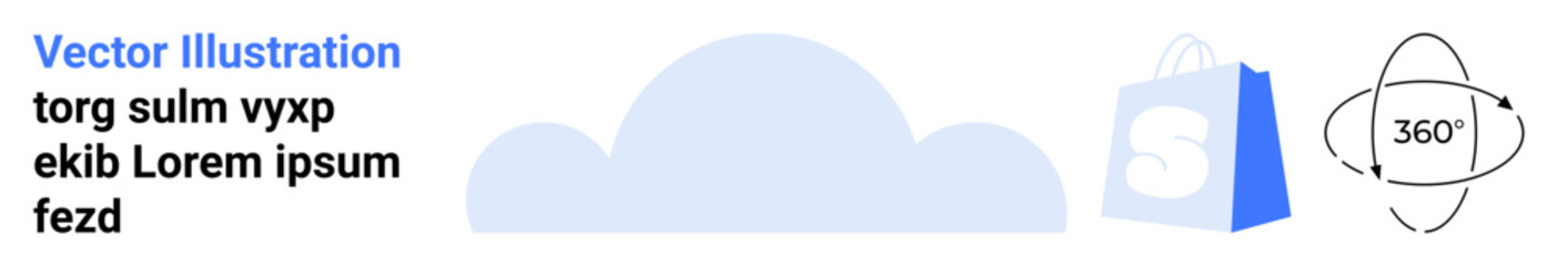 Blue shopping bag, cloud shape, and 360-degree icon. Ideal for online stores, technology, sales, digital marketing, cloud services. Landing page