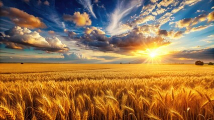 Obraz premium Sun-drenched yellow wheat field blankets the landscape, a panoramic view of summer's beauty.