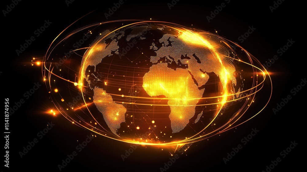 Poster A digital globe with data processing lines and glowing points on a black background, highlighting technological advancement in the world map