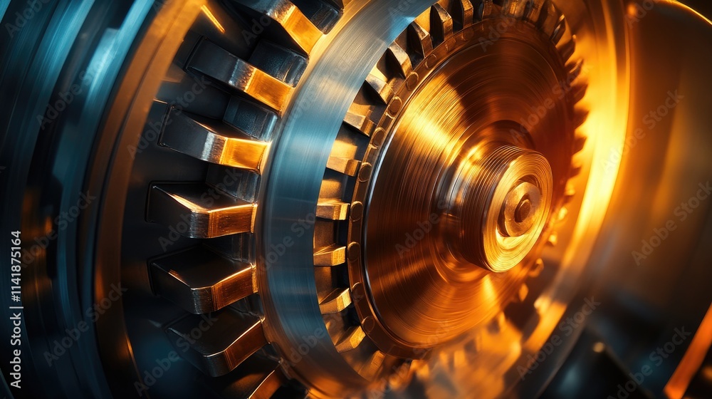 Poster A dynamic close-up of a rotating flywheel, showcasing its momentum and the transfer of energy in mechanical systems and engineering concepts