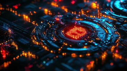 Brightly lit circuit board with glowing elements showcasing advanced technology at close range