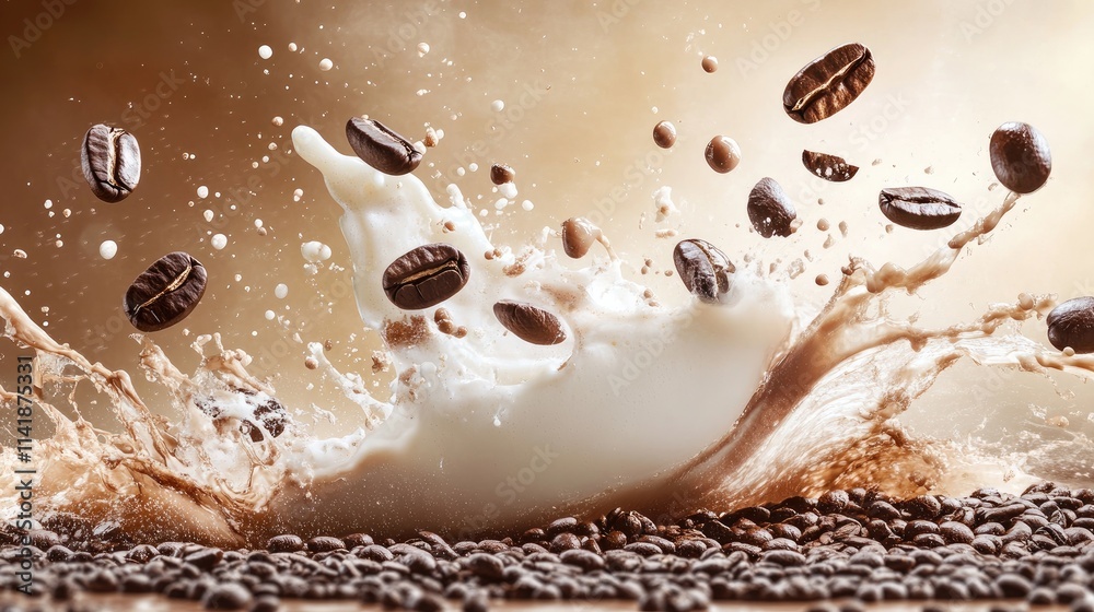 Poster a dynamic splash of coffee beans and cream combining in mid-air, showcasing the lively motion of the