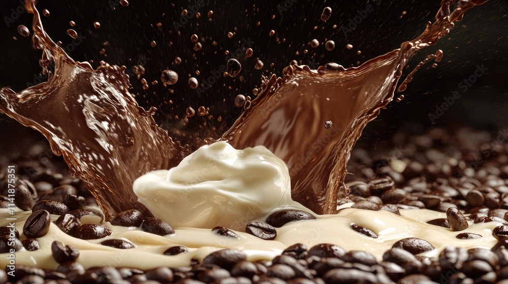 Poster a dynamic splash of coffee beans and cream combining in mid-air, showcasing the lively motion of the