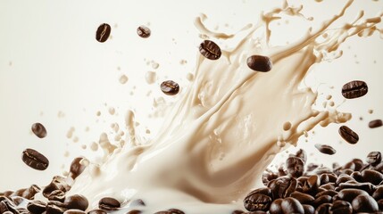 A dynamic splash of coffee beans and cream combining in mid-air, showcasing the lively motion of the ingredients mixing