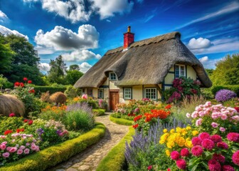 Idyllic thatched cottage nestled in the countryside, boasting a vibrant flower garden. AI-generated.