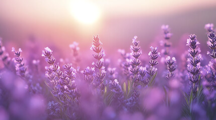 Naklejka premium Lavender flowers in soft gradient of purple hues at sunset