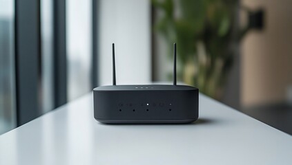 Modern black Wi-Fi router on a white table near a window.