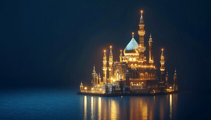 Obraz premium 3D golden mosque with Ramadan Kareem Islamic background.