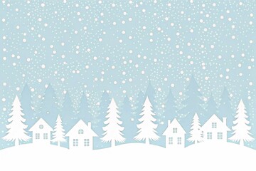 Fototapeta premium Winter background. Christmas village. Seamless border. Fairy tale winter landscape. White houses, fir trees on light blue background. Vector illustration