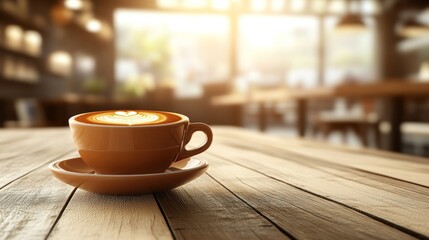 Fototapeta premium Latte art coffee cup on wooden table in a cafe.