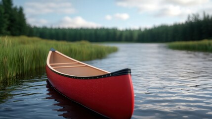 A serene red canoe on a tranquil lake surrounded by trees. Happy Sunday Life Concept.