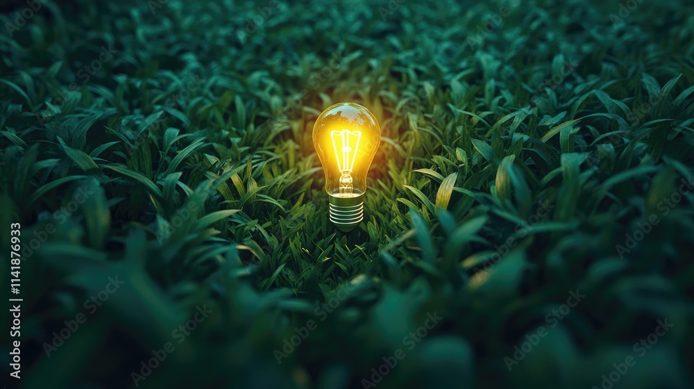 Poster a glowing light bulb placed in the center of a lush grass maze, symbolizing creative thinking and in