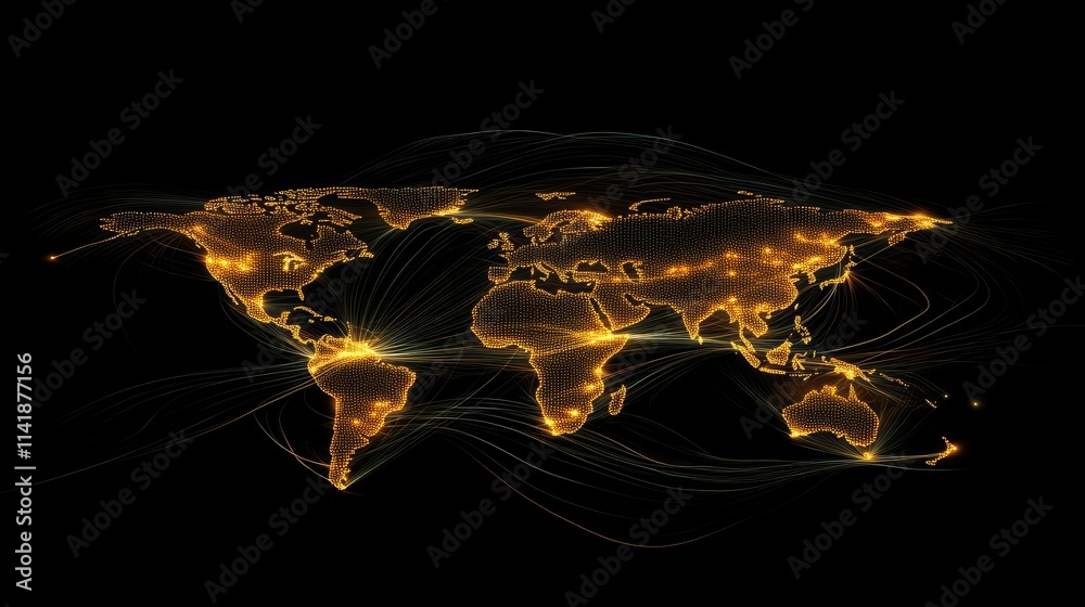 Poster A glowing world map with flowing digital data processing lines, symbolizing global connectivity and information flow on a black background
