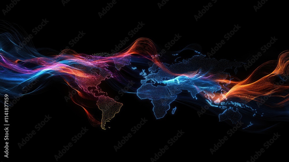 Poster A glowing world map with flowing digital data processing lines, symbolizing global connectivity and information flow on a black background