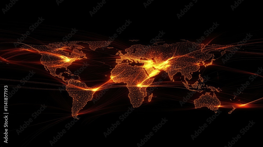 Aufkleber A glowing world map with flowing digital data processing lines, symbolizing global connectivity and information flow on a black background