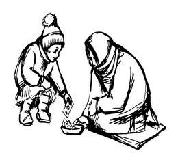Vector Drawing. Girl Giving Alms to a Beggar