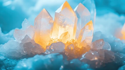 Stunning close-up of vibrant crystals illuminated in shades of blue and orange creating a mystical atmosphere