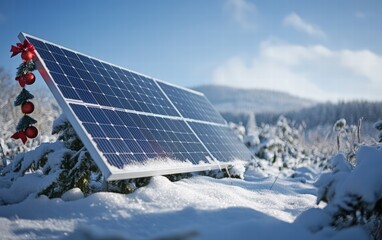 Solar Panel with Christmas Decorations: A clean solar panel standing in a snowy winter landscape, partially dusted with fresh snow.