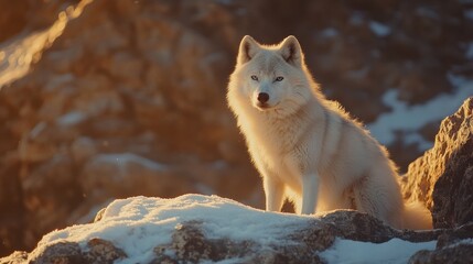 Obraz premium White arctic wolf sitting on snowy rocks at sunset.