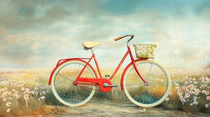 Fototapeta premium A vintage red bicycle parked near blooming wildflowers. Happy Sunday Life Concept.
