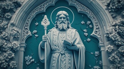 Fototapeta premium Ornate stone carving of a religious figure, holding a staff and book, within an arched niche, detailed with floral patterns and teal background.