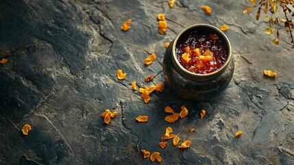 Orange marmalade in a vintage jam pot, isolated on a textured stone backdrop with scattered orange peels