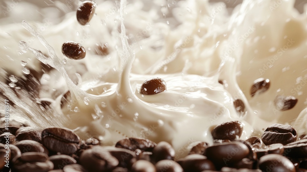 Poster A lively splash of coffee beans and cream in motion, frozen in time as they combine in a vibrant and dynamic scene