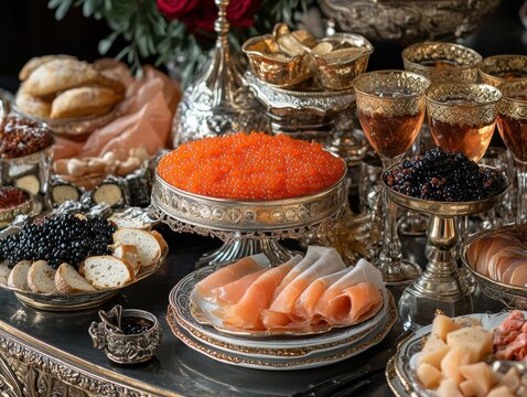 Lavish Russian Zakuski Spread Featuring Caviar and Smoked Fish Extravagant Dining Experience Elegant Setting