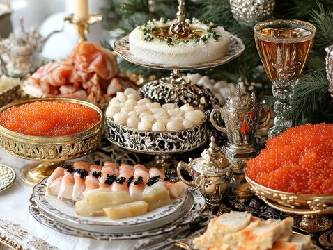 Lavish Russian Zakuski Spread with Caviar and Smoked Fish Festive Banquet Gourmet Presentation Elegant Setting