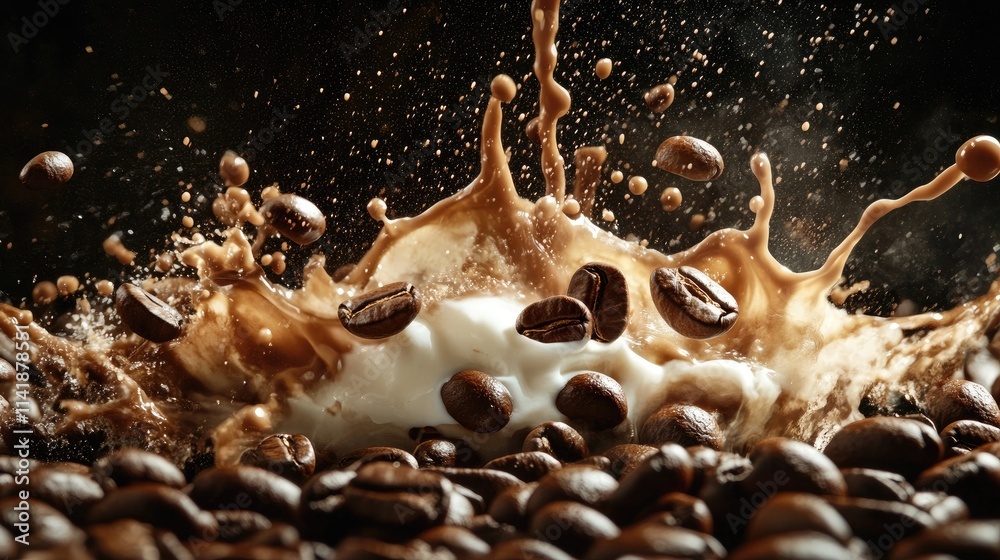 Poster A lively splash of coffee beans and cream in motion, frozen in time as they combine in a vibrant and dynamic scene