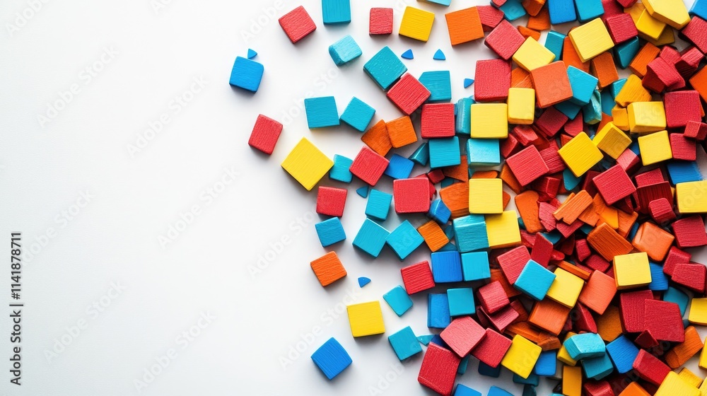 Poster A messy pile of colorful, differently-shaped blocks scattered on a white surface, with open white space in the middle for customizable design elements