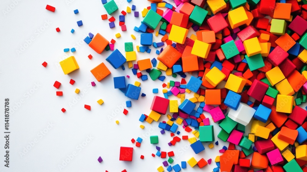 Aufkleber A messy pile of colorful, differently-shaped blocks scattered on a white surface, with open white space in the middle for customizable design elements